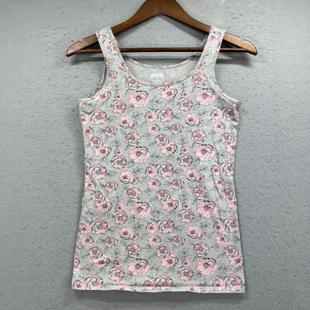 Duluth Trading Co Tank Top Womens Small Gray Pink Floral Sleeveless Scoop Neck